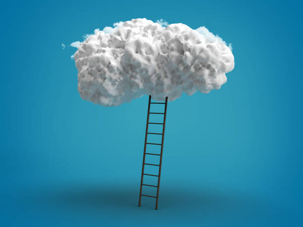 istock 3d render white cloud above and wood ladder, isolated on blue background 1208638717