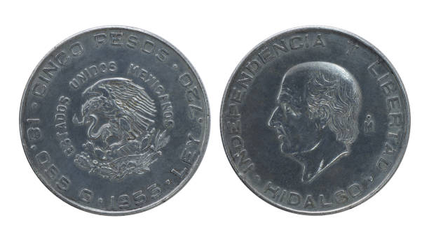 istock Old mexican 5 pesos coin from 1955 1208640637
