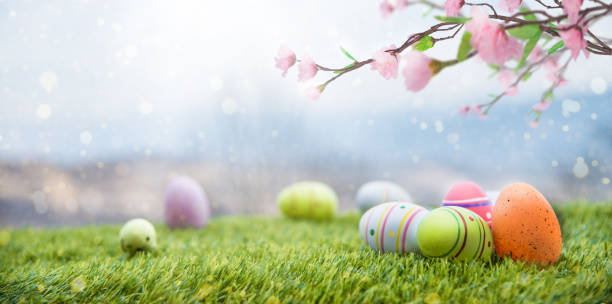 Magic Easter Landscape Decorated Easter Eggs on Fresh Grass easter egg photos stock pictures, royalty-free photos & images
