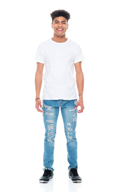 african-american ethnicity teenage boys standing in front of white background wearing shirt - arms at side imagens e fotografias de stock