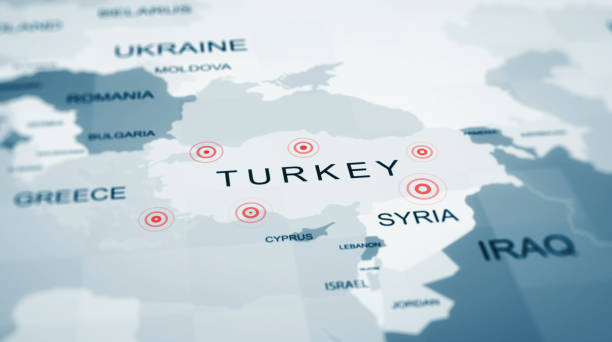 türkei erdbeben zentren auf der karte - erdbeben türkei stock-grafiken, -clipart, -cartoons und -symbole