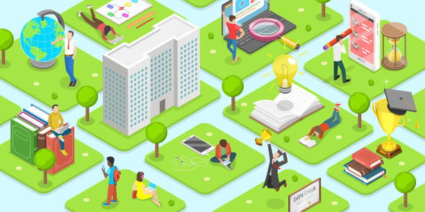 ilustrações de stock, clip art, desenhos animados e ícones de flat isometric vector concept of campus illustration. - lifestyles student university graduation