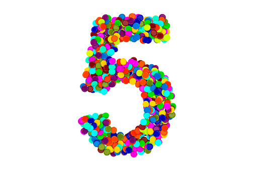 Number 5 from confetti. 3D rendering isolated on white background
