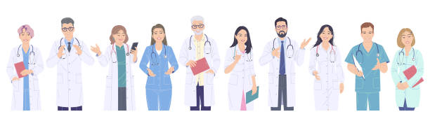 Medical Workers Male and Female Characters. Group of doctors, nurses, male and female characters set. Friendly medical workers in white coats and in blue, green suits isolated on blank background. Healthcare service vector flat illustration. nurse clipart stock illustrations
