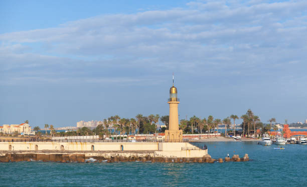 istock Montazah beach coastal landscape, lighthouse on pier 1208651589