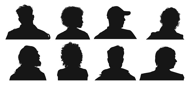 Silhouette of human heads and faces from front and side view.