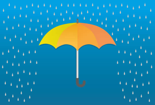 illustrazioni stock, clip art, cartoni animati e icone di tendenza di illustrazione vettoriale, ombrello giallo, arancione e gocce di pioggia su un bel sfondo blu.. - drop water cartoon raindrop