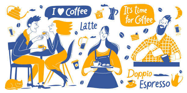 Diseño vectorial motivacional de café con elementos baristas y café y letras - ilustración de arte vectorial