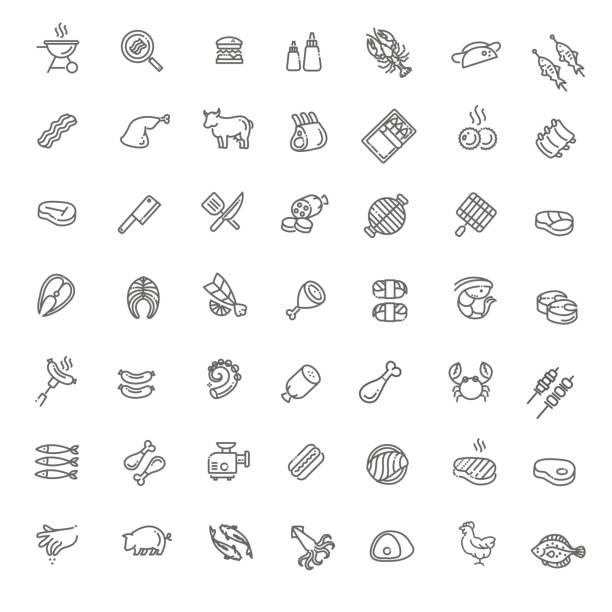 einfache satz von fleisch verwandte vektor linie icons. - roast chicken restaurant food vector stock-grafiken, -clipart, -cartoons und -symbole