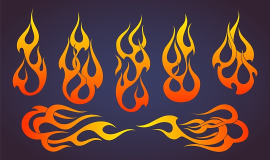 Red and yellow gradient fire, old school flame elements set, isolated vector illustration
