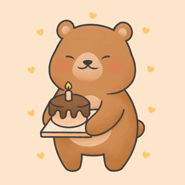 illustrations, cliparts, dessins animés et icônes de ours mignon avec le modèle dessiné dessiné de main de dessin animé de main de gâteau d’anniversaire - fluffy bear cute friendship