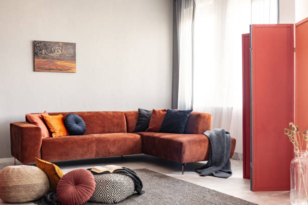 istock Pillows on luxury couch in simple living room interior 1208661694