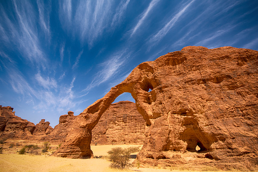 Landscape of the remote Ennedi Mountains (massif) in the Sahara desert, North-East Chad. The Ennedi massif was declared as an UNESCO World Heritage site in 2016.