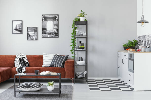 istock Open space studio apartment with kitchen and living area 1208662609