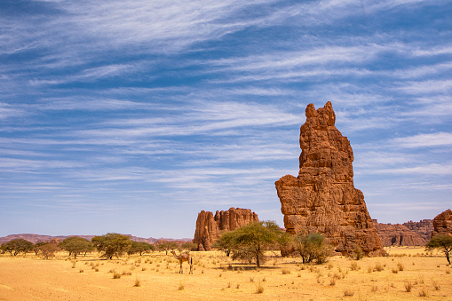 Landscape of the remote Ennedi Mountains (massif) in the Sahara desert, North-East Chad. The Ennedi massif was declared as an UNESCO World Heritage site in 2016.