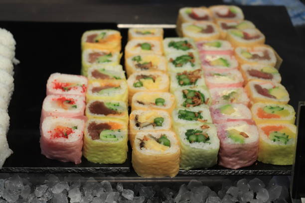istock Japanese sushi on display 1208665467