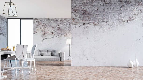 istock Empty living room with sofa, table and chairs - ruined wall 1208666611