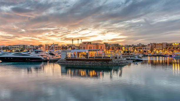 restaurant in the skyline in the tropical sunset at Abu tig marina in el Gouna, Egypt stock photo