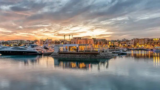 restaurant in the skyline in the tropical sunset at Abu tig marina in el Gouna, Egypt, January 14, 2020