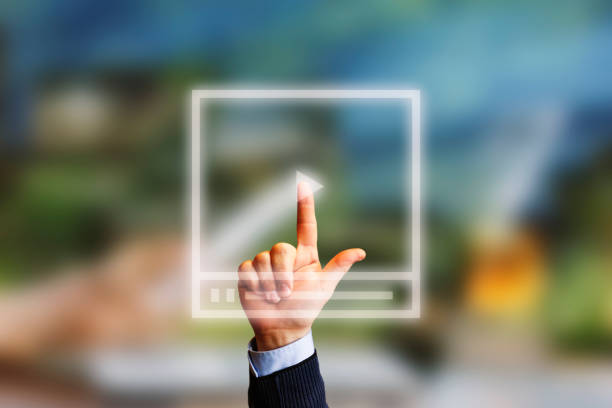 Video Marketing Concept.Hand pressing transparent white button