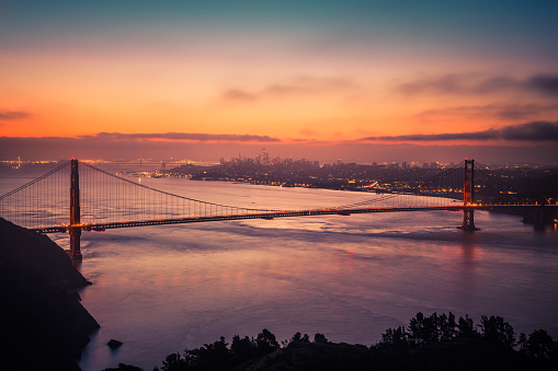 This sunset photo was taken from Marin County looking down on San Francisco, the Golden Gate Bridge and the bay
