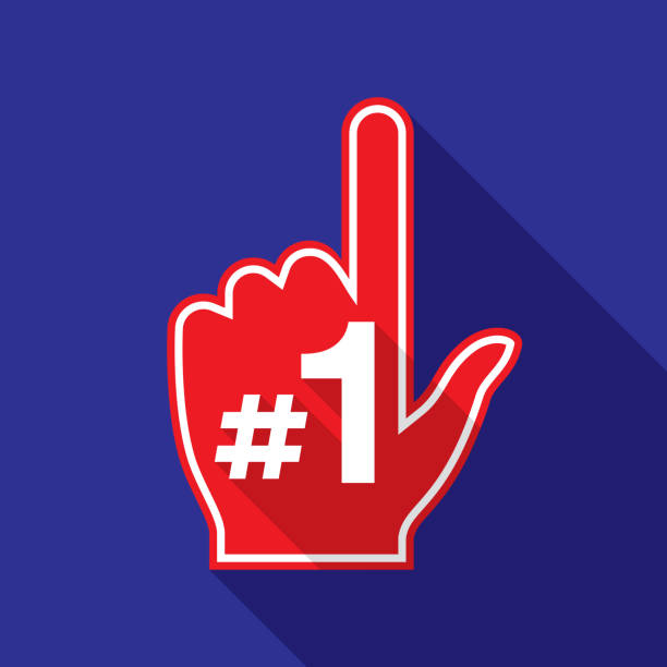 Number One Hand Icon Flat Vector illustration of a red foam finger with "#1" on the front against a blue background in flat style. pep rally stock illustrations