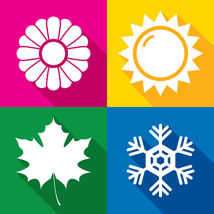 Vector illustration of a set of multi-colored seasonal icons in flat style.