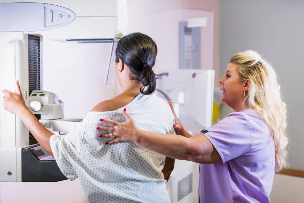 African-American woman getting a mammogram stock photo