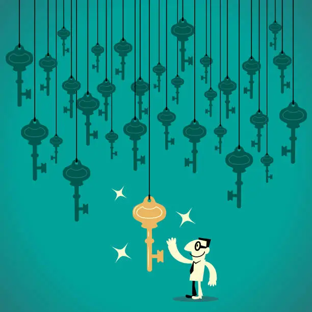 Vector illustration of Key to success, businessman finding a big gold key among a lot of hanging keys