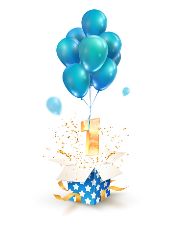 Open textured gift box with number 1 flying on balloons. Greeting for First anniversary isolated vector design elements.