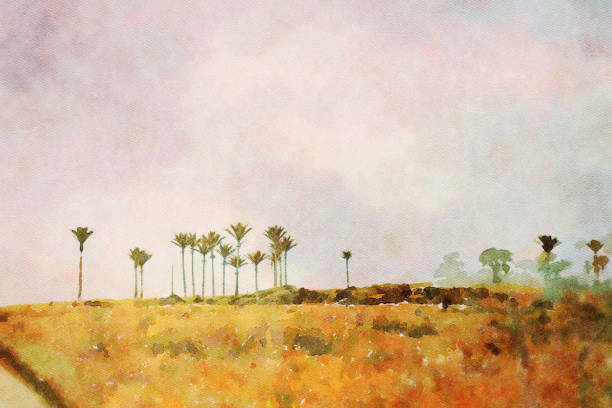 istock Watercolor Illustration of Palm Trees in Landscape at Sunset 1208683041