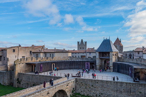 Carcassonne, France - December 28, 2019: Historic Fortified City of Carcassonne.