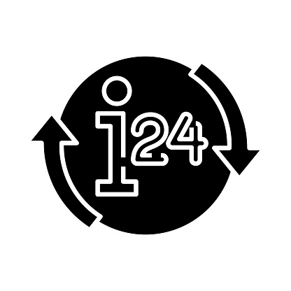 24 hour services black icon, concept illustration, glyph symbol, vector flat sign.