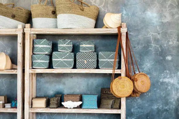 Photo of Shelf with wattled bags and baskets.