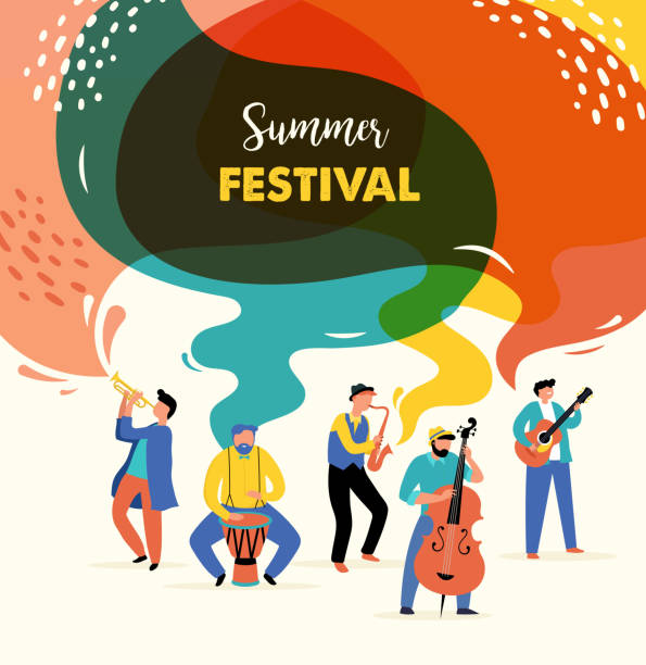 Summer fest, concept of live music festival, jazz and rock, food street fair, family fair, event poster and banner colorful vector design Summer fest, concept of live music festival, jazz and rock, food street fair, family fair, event poster and banner colorful vector design concert illustrations stock illustrations