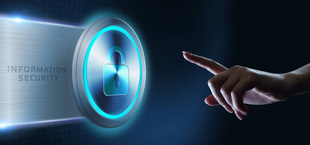 istock Business, technology, internet and networking concept. Young businessman working  in the office, select the icon security on the virtual display. Information security 1208690483