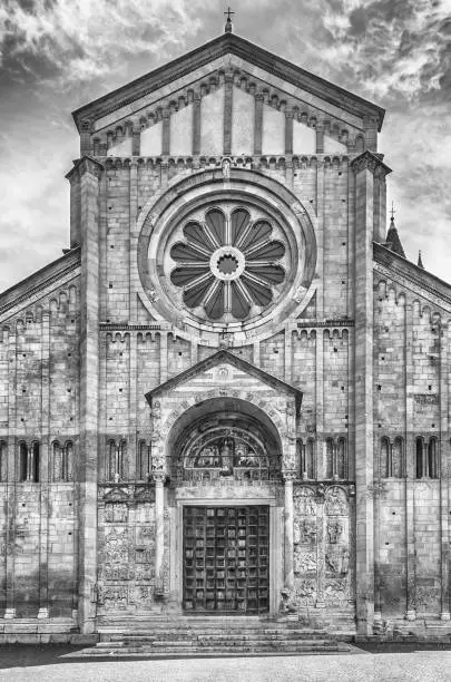 Facade of San Zeno Cathedral, iconic landmark in Verona, Italy