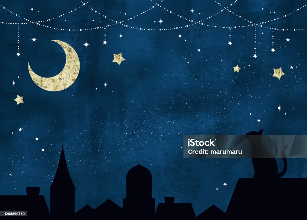 夜晚閃爍的星星、月亮和貓 - 免版稅夜晚圖庫向量圖形
