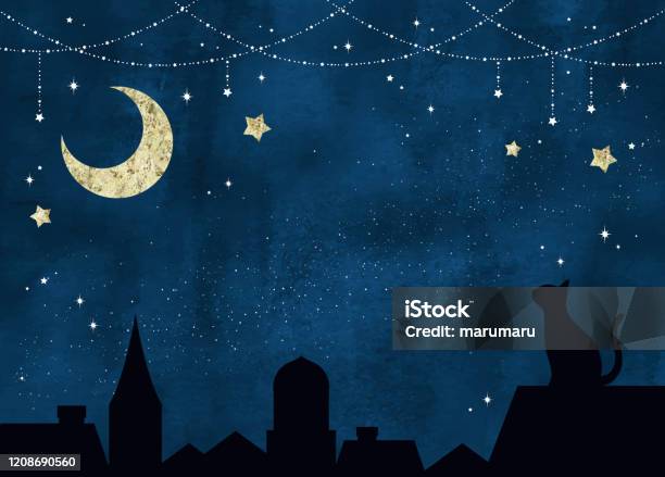 夜晚閃爍的星星月亮和貓向量圖形及更多夜晚圖片 - 夜晚, 星星, 星型