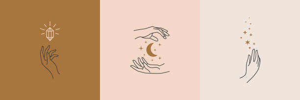 zestaw żeńskich logo dłoni w minimalnym stylu liniowym. logo wektora z różnymi gestami dłoni, księżycem, gwiazdami i kryształem. - rysunek ilustracje stock illustrations