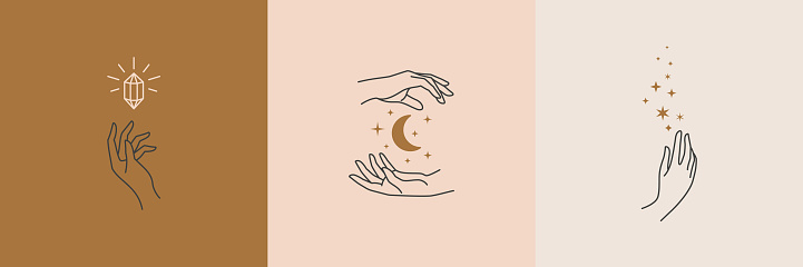 A set of female hand logos in a minimal linear style. Vector logo design Templates with different hand gestures, moon, stars and Crystal. For cosmetics, beauty, tattoo, Spa, manicure, jewelry store
