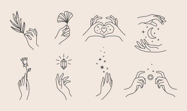 ilustraciones, imágenes clip art, dibujos animados e iconos de stock de un conjunto de logotipos de mano de mujer en un estilo lineal minimalista. plantillas de diseño vectorial o emblemas en varios gestos. - hands