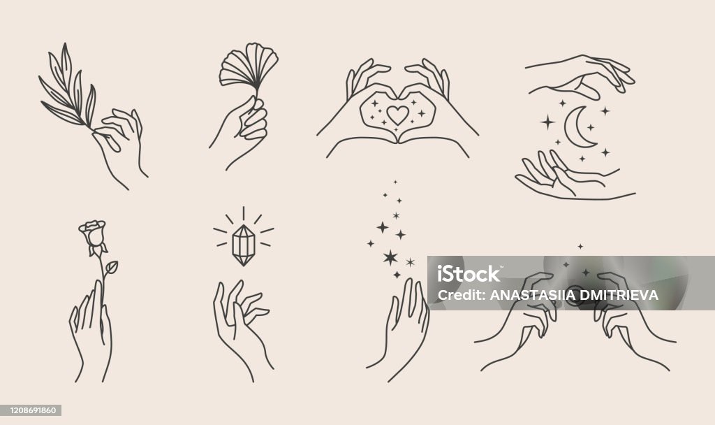 A set of women's hand logos in a minimalistic linear style. Vector design templates or emblems in various gestures. A set of women's hand logos in a minimalistic linear style. Vector design of sign templates or emblems in various gestures. For cosmetics, Studio, tattoo, Spa, manicure, beauty product packaging Hand stock vector