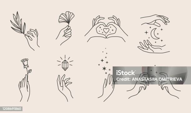 A Set Of Womens Hand Logos In A Minimalistic Linear Style Vector Design Templates Or Emblems In Various Gestures Stock Illustration - Download Image Now