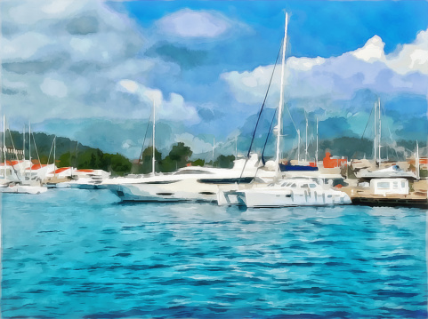 Drawing watercolor. Seascape, sea, pleasure ship. Sailing yachts are moored at the pier. Digital painting - illustration.