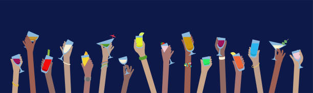 illustrazioni stock, clip art, cartoni animati e icone di tendenza di mani con bevande striscione di alcol in bicchieri festeggiano a festa - brindisi evento festivo illustrazioni