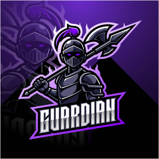 illustrazioni stock, clip art, cartoni animati e icone di tendenza di design del logo della mascotte degli esport guardiani - gladiator sword warrior men