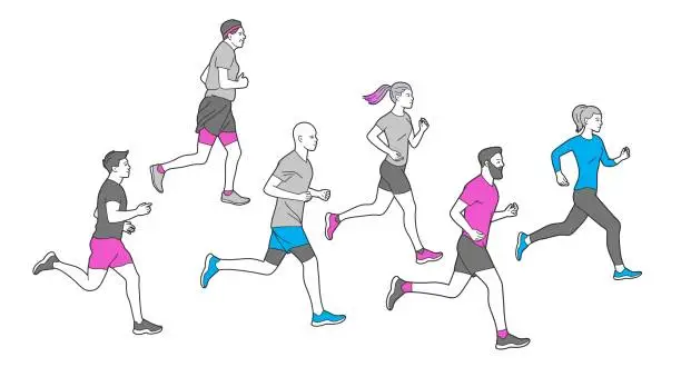 Vector illustration of Runners group in motion. Running men and women sports background. People runner race, training to marathon, jogging and running illustration. Different gender and age marathon runners.