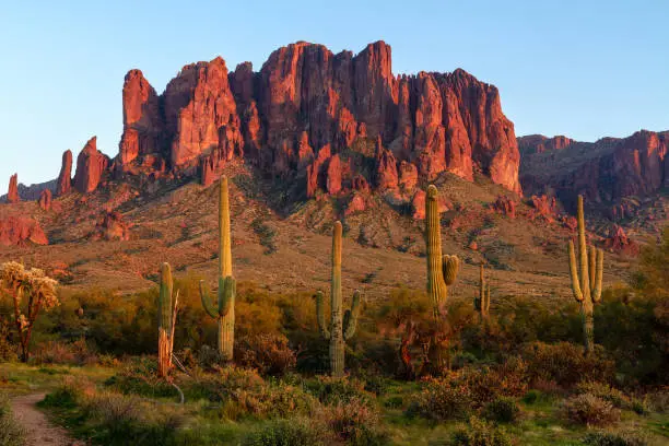 The Superstition Mountains and Sonoran desert landscape at sunset in Lost Dutchman State Park, Arizona