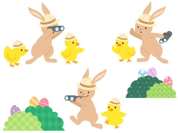 Vector illustration of Easter egg hunting bunnies and chicks illustration set  (expedition)